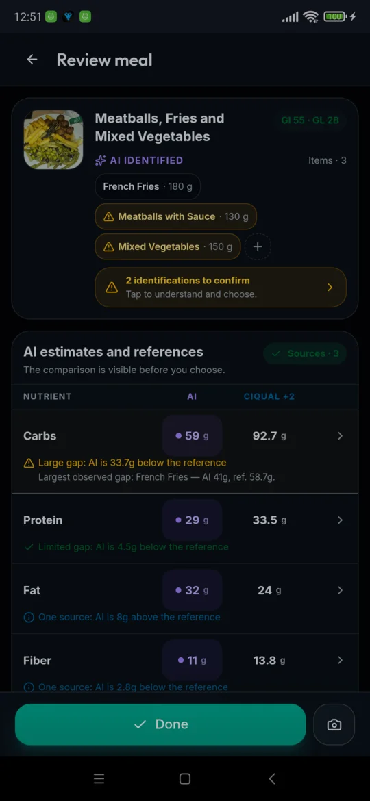 Meal result comparing AI nutrient estimates with official reference sources