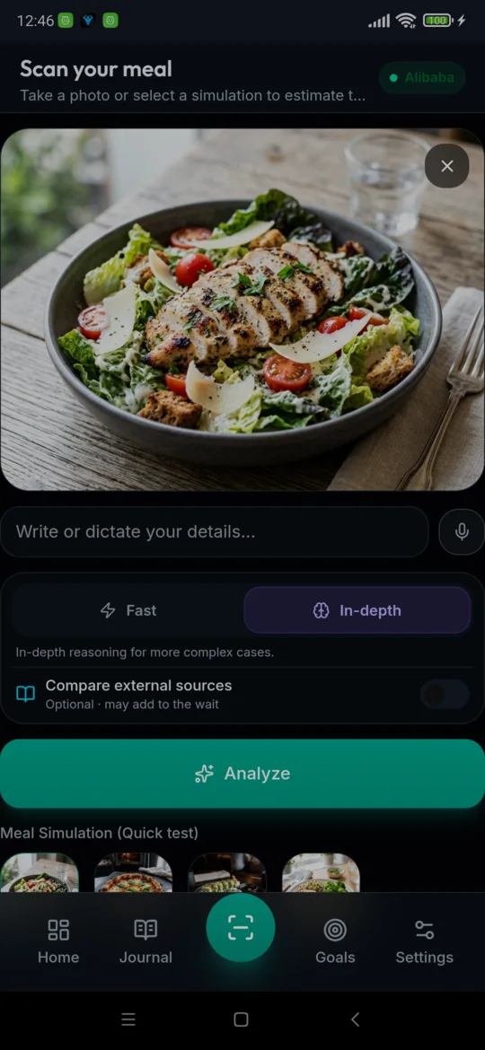 Meal logging screen with fast and in-depth assistance options