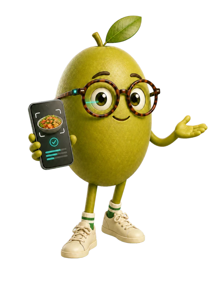 Zitounix, an olive with smart glasses, presenting a meal analysis